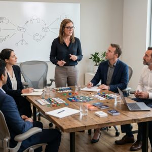 Jogos corporativos ajudam líderes a praticar decisões, comunicação e colaboração em um ambiente seguro.